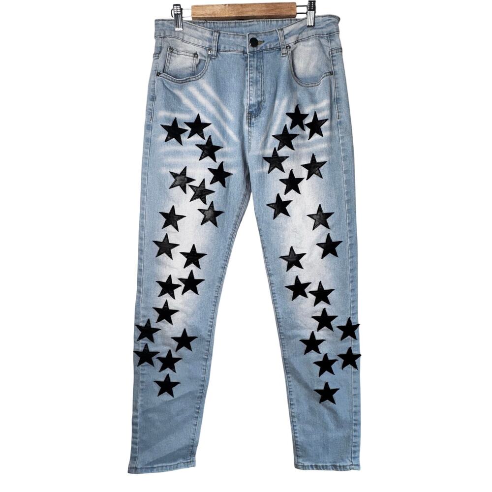Unbranded Amiri-Style Star Patch Jeans - Size 30 (Measured) Light Wash Denim